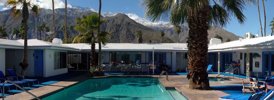 Iconic view from the pool of the snow capped Mt. San Jacinto mountains.